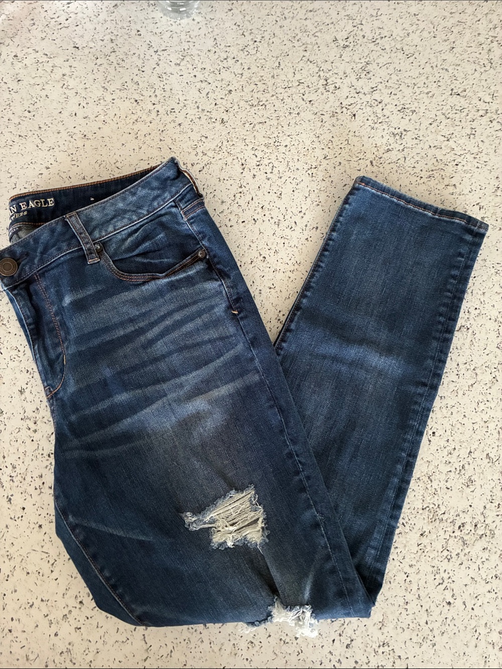 American Eagle Outfitters Dark Blue Skinny Jeans with Distressed Knee